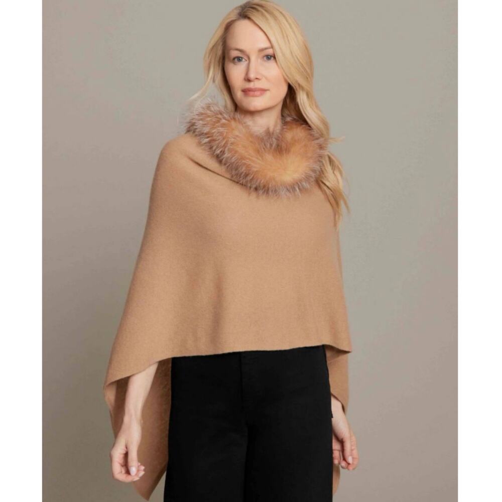 Claudia Nichole Windchill Camel Tan 100% Cashmere Fox Fur Ruana Poncho OS